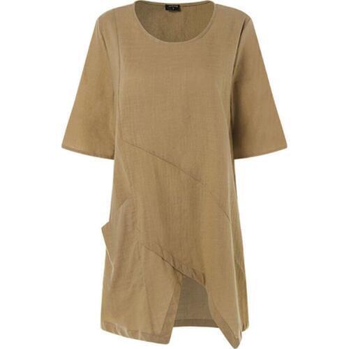 Women Cotton Linen Blouse Solid Asymmetrical Ladies Summer New Short Sleeve Tops Ladies Casual Crew Neck Short Sleeve Blouse