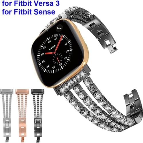 Bling Diamond Strap Stainless Steel Bracelet for Fitbit Versa 3/Sense Smartwatch Rhinestone Watch Band Wristband for Women Girl