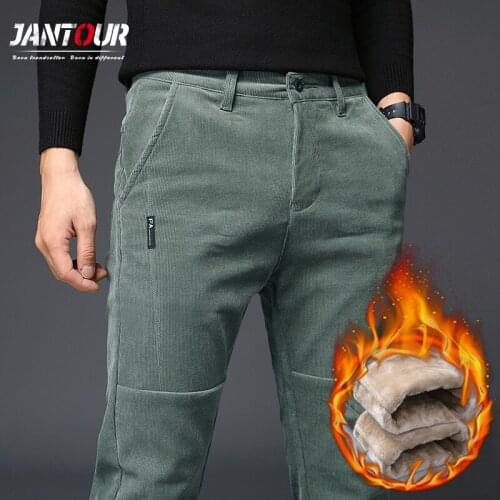High quality Winter Thick Velvet Fleece Corduroy Pants Men Casual Mens Pants Stretch Green Cotton Work Business Trousers Man 38