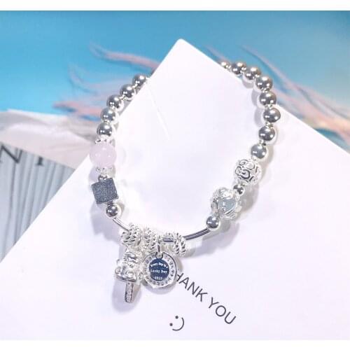 Whole 100% Real 925 Sterling Silver Elegant Beaded Strand Bracelets Square Retro Lovely Cat Lucky Hydrangea Chain Adjustable