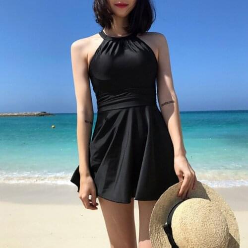 2020 black plus size swimsuit fat mm conservative one-piece skirt flat angle was thin cover belly hot spring swimsuit