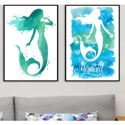 Girls Room Decor Watercolor Mermaid Print And Poster Hand Drawn Wall Art Picture Print on Canvas Nordic Style Kids Room Decor