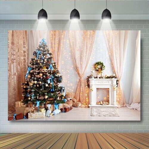Christmas Tree Fireplace Background For Photography Wooden Pink Curtain Twinkle Stars Backdrop For Photo Booth Scenes Backgroun
