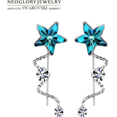 Neoglory Austria Rhinestone Long Earrings Exquisite Blue Star With Beads Design For Lady Romantic Jewelry Classic Sale Gift