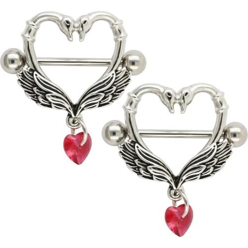JHJT 14G 2PCS Nipple Piercing 316L Stainless Steel Swan Heart Nipple Barbell Body Piercing
