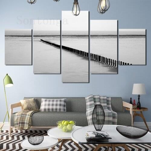 Canvas painting fence coast gray tone wall stickers art light luxury decorative painting simple style modern living room