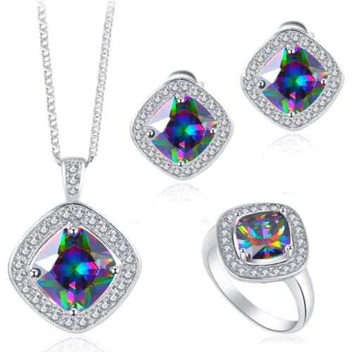 ROLILASON Drop Stamped Sterling silver plated Rainbow mystic Jewelry Sets Earrings Pendant Necklace Rings For Women JS663
