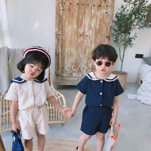 NEW Korean style kids sailor collar cotton linen clothes sets cute boys girls short sleeve T shirt + shorts 2pcs suits
