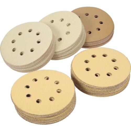 100pcs 8 Holes Round Sandpaper 125mm Abrasive Tools Hook and Loop Sanding Discs for Wood Metal Polishing 60/80/120/150/220 Grit