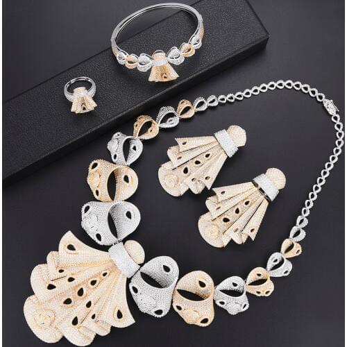 LARRAURI Trendy Rhinestone Full Cubic Zirconia Statement Pendant Necklace Bangle Earrings Ring Jewelry Sets Ladies Lover Gifts