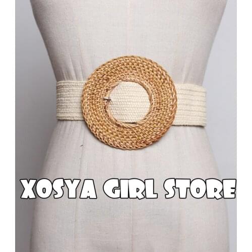 Summer Elastic Imitate Woven Straw Waist Belts Square Buckle Adjustable Woven-straw Waistband Bohemian Beach Dress Belts