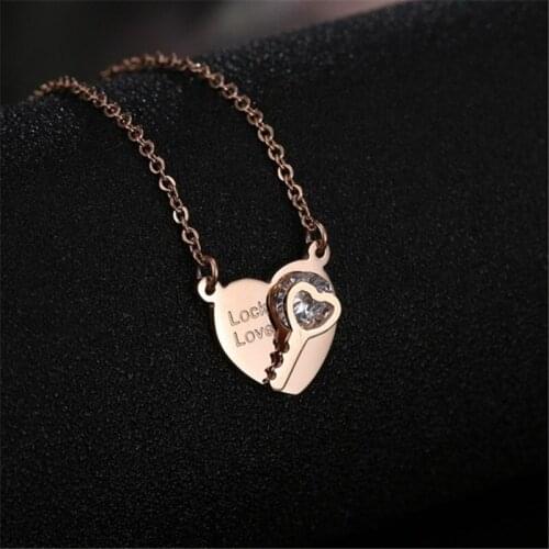 Fashion Romantic Lock Love CZ Heart Key Charm Pendant Necklaces Stainless Steel Rose Gold Necklace For Women Girls