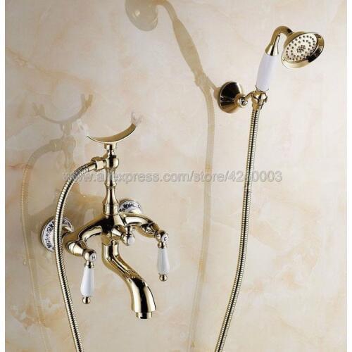 Wall Mounted Bathtub Faucet Gold Brass Tub Sink Faucet Telephone Style Bathroom Bath Shower Set with Handshower Ktf415