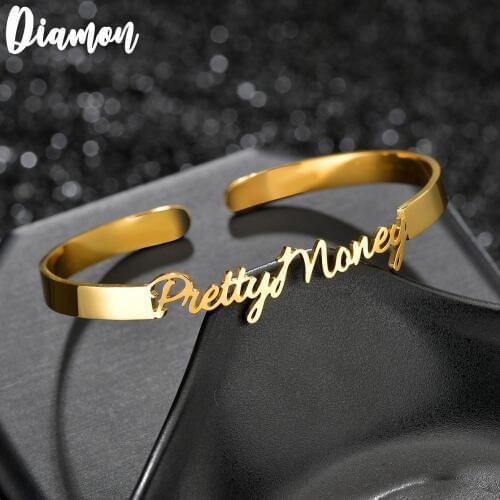 Diamon 2020 New Personalized Custom Name Bangle Adjustable Stainless Steel Personalized Open Love Bangle Jewelry Gift For Lover