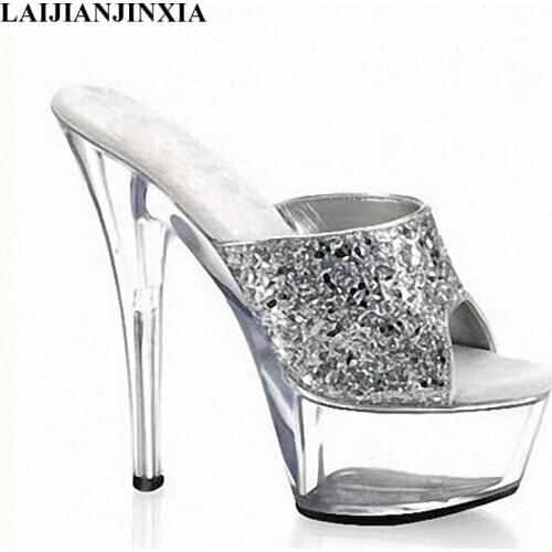 New Summer Silver 15CM High Heels Platform Sexy Night Club Wedding Party Slippers Dancing Shoes Women Pole Dance Shoes