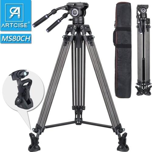 Professional Heavy Duty Video Tripod MS80CH Carbon Fiber Tube Tripod Stand with Fluid Head 72.4 Inch/184cm for DSLR Cameras DV