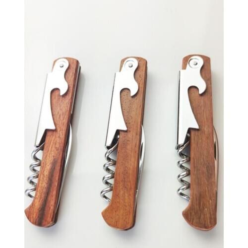 Stainless Steel Hand-Held Deluxe Bottle Opener Wood Handle Wine Opener Double Hinged Corkscrew For Waiters LX3103