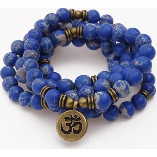 Blue 108 beads 8mm elastic adjustable Lotus life tree Buddha OM eye Chakra Reiki agate Onyx Bracelet necklace cfv3