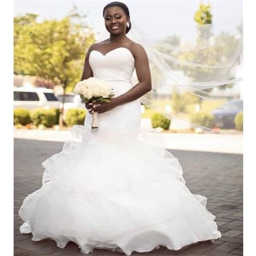 Vestido De Noiva Plus Size Wedding Dresses African Ruffle Organza Sweetheart Sleeveless Covered Button Mermaid Wedding Gowns