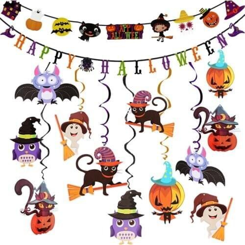 Hallowen Hanging Ornament Banner Kids Favors Cartoon Witch Bat Ghost Design Props Decorations for Halloween Home Party Supplies