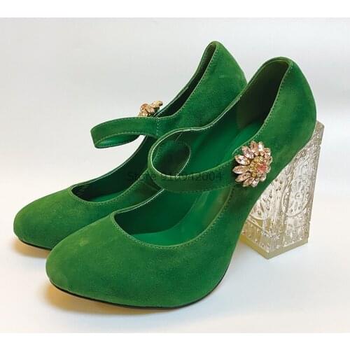 Green Suede Transparent Heel Women 10CM Clear Heel Pumps Rhinestone Buckle Bride Party Shoes Chunky High Heel Zapatos Mujer