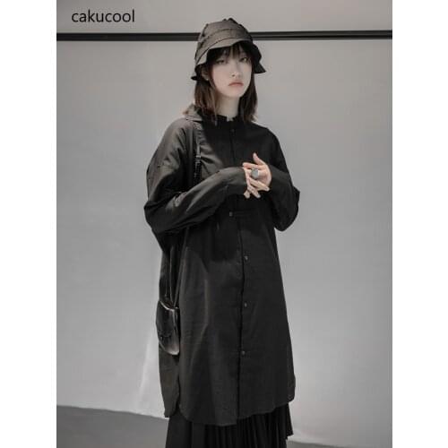 Cakucool Spring 2021 Dark loose medium length buckle standing collar blouse jacket slender temperament single breasted simple