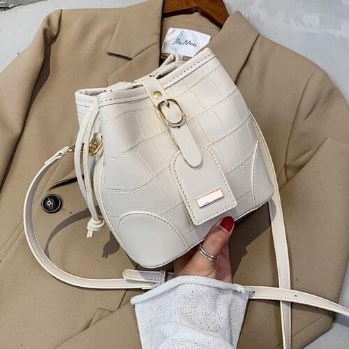 Pu Stone Pattern Bucket Women Diagonal Bag Harajuku Solid Drawstring Shoulder Bag Woman Luxury Brand Womens Messenger Bags 2021