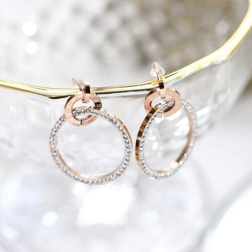 YUN RUO Rose Gold Color Pave Zircon Roman Numerals Stud Earring Woman Titanium Steel Fashion Jewelry Never Fade Drop Shipping