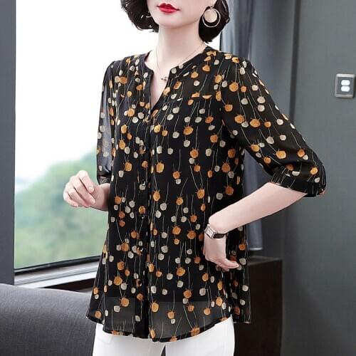 Women Spring Summer Style Chiffon Blouse Shirts Lady Casual Half Sleeve O-Neck Flower Printed Blusas Tops ZZ0208