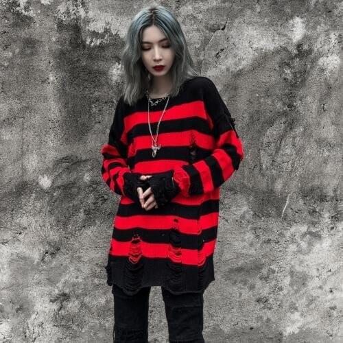 Womens Black Red Striped Pullovers Sweaters Autumn Winter Hole Ripped Sweater Women Fashion Oversized Jumpers All-match Clothes