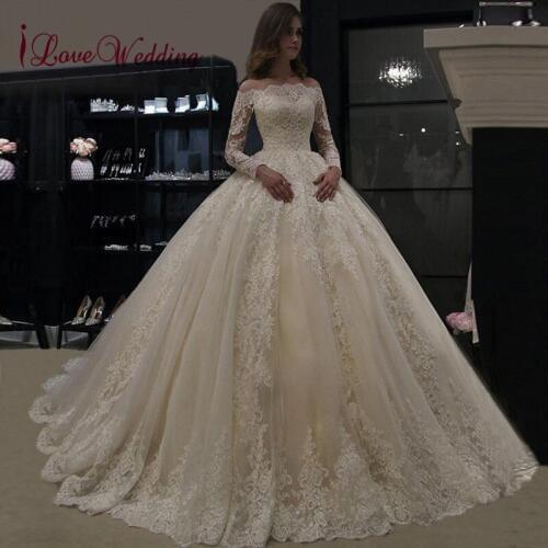 Vestido de Novia Boat Neck Lace Applique Bride Dress Custom made Ball Gown Sweep Train Long Sleeves Wedding Gowns