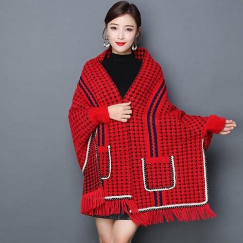 Women Blanket Wrap Houndstooth Knitted Cardigan Scarf Shawl Poncho Cape Winter Warm Thick Sweater Open Front Stoles With Sleeves