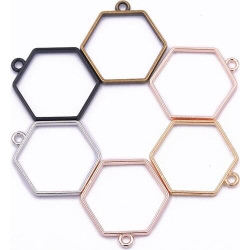 10Pcs 2021 New Product 27*28mm 5 Color Alloy Jewelry Accessories Hexagon Drop Charm Hollow Glue Blank Pendant Tray Bezel