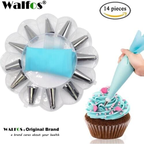 WALFOS 14Pcs/Set Russian Icing Piping Tips Silicone Icing Piping Cream Pastry Bag Stainless Steel Nozzle Set DIY Cake Decorating