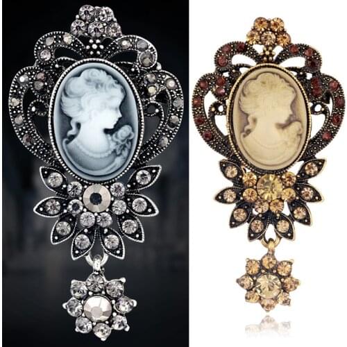 2020 New Fashion Antique Silver Color Vintage Brooch Pins Elegant Beauty Queen Cameo Rhinestone Brooches For Women Broches
