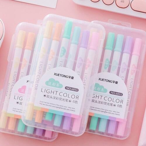 6 Colors Double Head Highlighter Fluorescent Markers Drawing Pens Writing Stationery Gift Office School Supplies