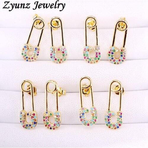6 Pairs, Safety Pin Stud Earring for women Gold color multi CZ micro paved earring