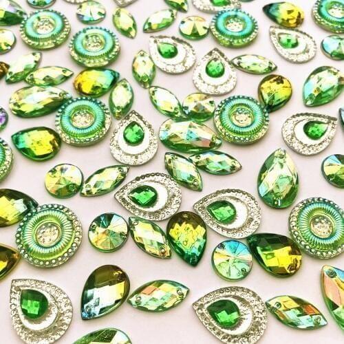KELLY Acrylic Sew on Stones and Crystals Green AB Sewing Rhinestones Strass Stone Gems for Wedding Bridal Dress Crafts Arts Diy