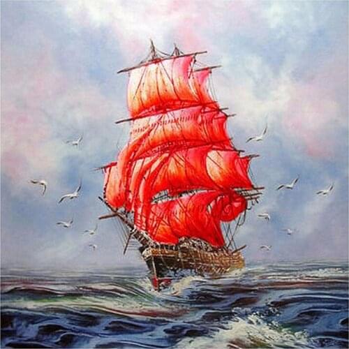 Diamond Painting Red Sailboat & Seagull Diamond Embroidery Rhinestone Home Decor Painting Ship Mosaics Sewing