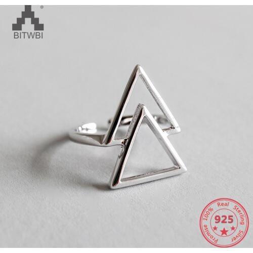 Authentic 100% 925 Sterling Silver Jewelry Hollow Double Triangle Open Rings for Women anillos mujer