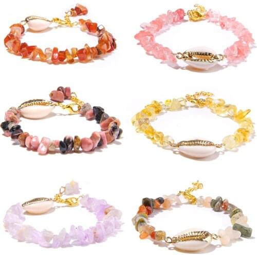 Shell Charm Amethysts Bracelets Quartzs Crystal Reiki Meditation Metal Chain Natural Stone Chips Bangles For Women Girl Jewelry
