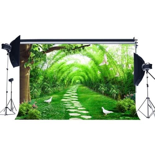 Countyard Garden Backdrop Spring Green Arch Trees White Dove Fresh Flowers Green Grass Meadow Photography Background