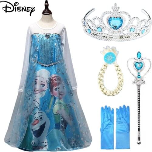 Disney Frozen 2 Girls Elsa Costume Blue Snow Queen Princess Halloween Christmas Party Sequined Cosplay Dress up with Long Train