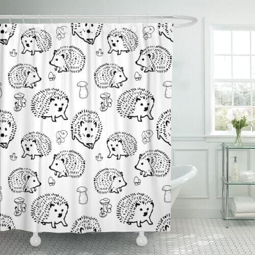 Mushrooms and Hedgehog Sketch Organic Food Drawing Champignon Enokitake Shower Curtain Waterproof Polyester Fabric 72 x 72 Inche