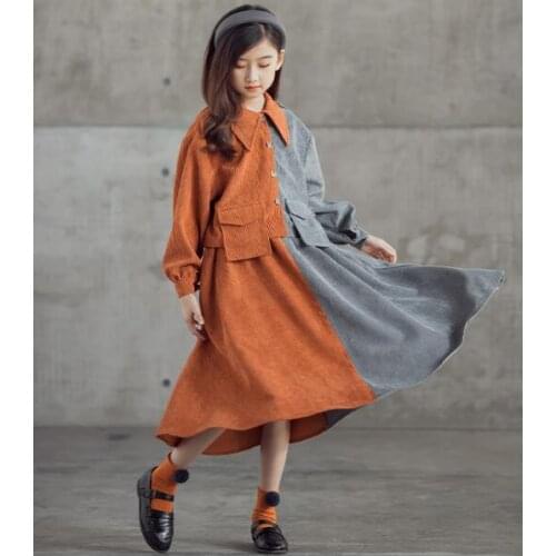 Teenage Girls Set 2021 Spring New Corduroy Clothing Children Patchwork Buttoned Shirt And Skirt Two-Piece Suit Kids Fall Clothes