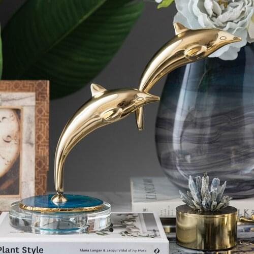 Creative Two Golden Dolphins Jumping Octopus Statue Figurines With Round Crystal Blue Agate British For Home Office Decor Crafts