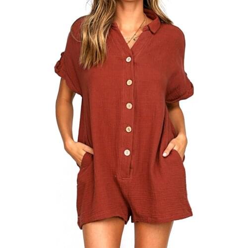 Summer Women Romper Plus Size Single Breasted Short Sleeve Overall V Neck Loose Wide Leg Shorts Romper Women Jumpsuit Playsuit