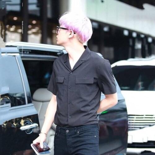 2021 Mens Summer Street Photo trend double pocket Short Sleeve Black Shirt Cuban collar shirt