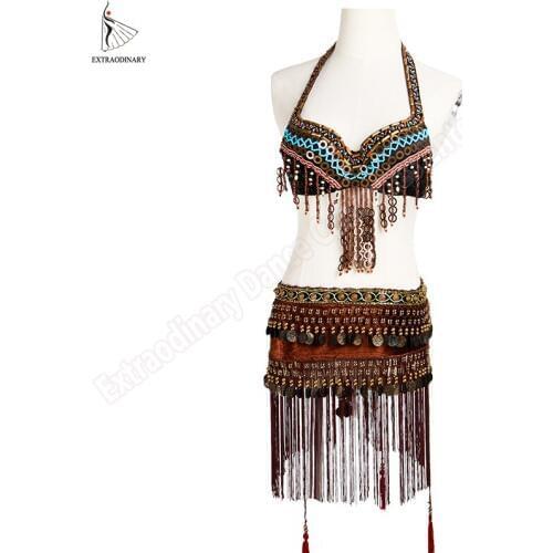 New Belly Dance Tribe Bra Hip Scarf Costume ATS Tribe Stage Performance Gypsy Accessory Tops Belt Beads Coin Tassels 2Pcs