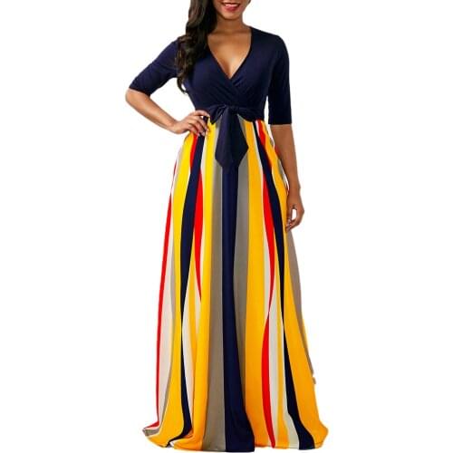 Fashion Multicolor Striped Robe Sexy Deep V-neck Low-cut Half Sleeve High Waist Bow Maxi Dresses High Street Club Party Dresses